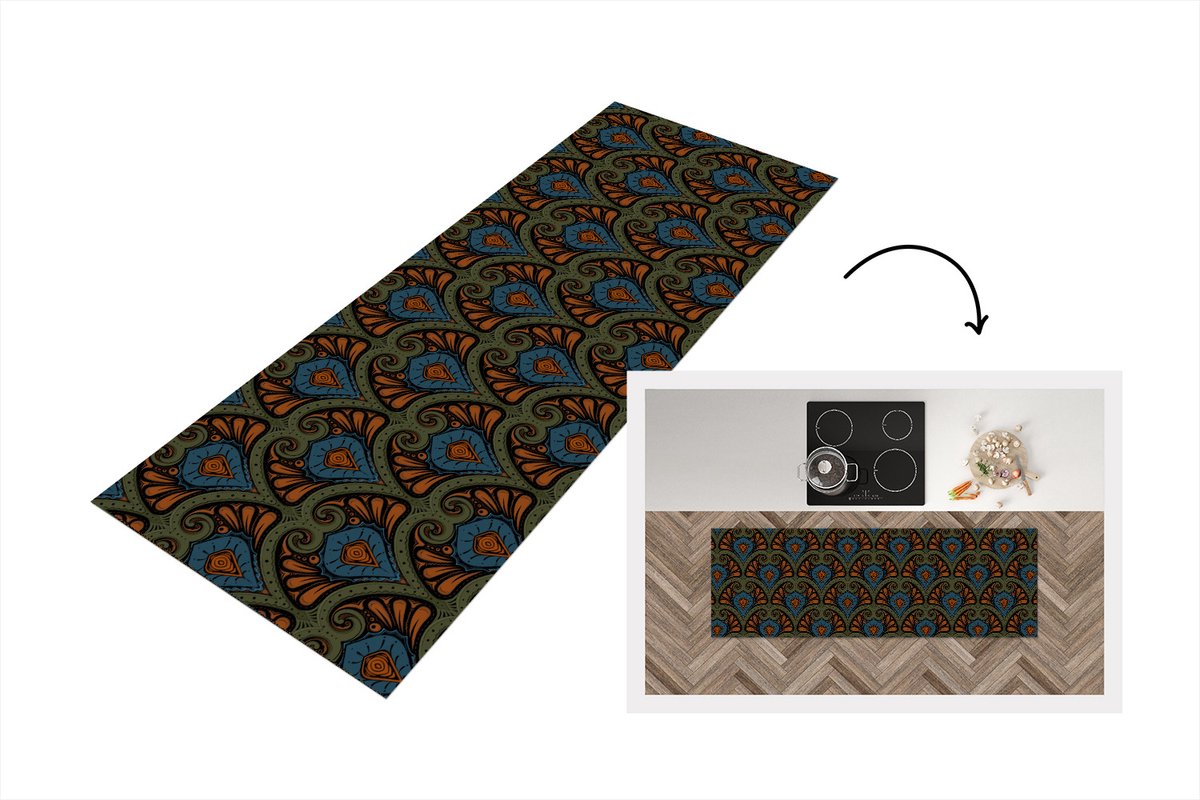 KitchenYeah Keukenloper - Loper keuken - Patronen - Abstract - Groen - Jaren 20 - 180x60 cm - Keukenloper vinyl Multicolor