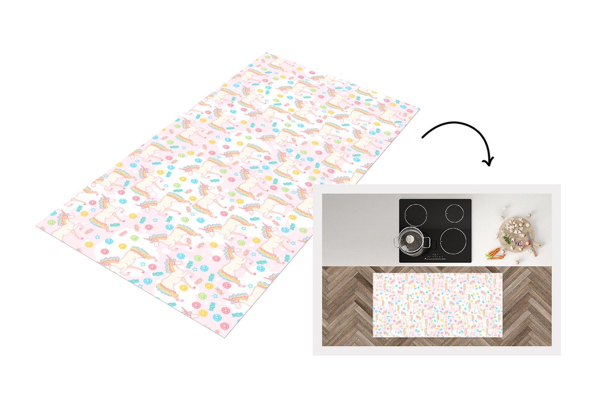 KitchenYeah Keukenloper - Loper keuken - Unicorn - Snoep - Regenboog - 120x60 cm - Keukenloper vinyl Multicolor