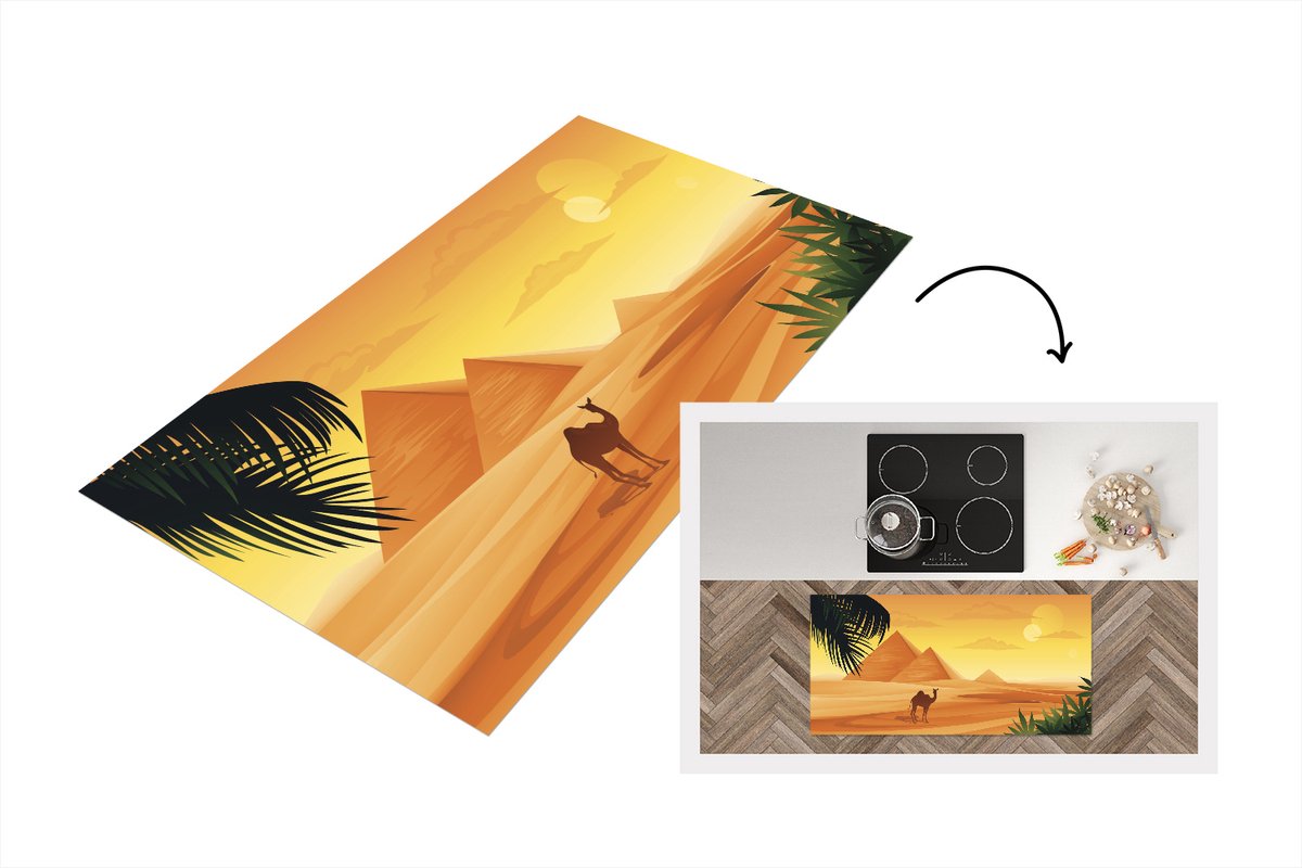 KitchenYeah Keukenloper - Loper keuken - Illustratie van een dromedaris voor piramides in Egypte - 120x60 cm - Keukenloper vinyl Multicolor