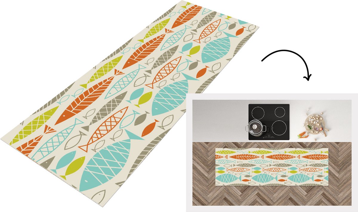 KitchenYeah Keukenloper - Loper keuken - Vis - Jaren 50 - Patroon - 150x50 cm - Keukenloper vinyl Multicolor