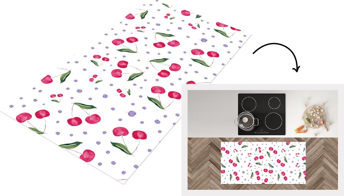 KitchenYeah Keukenloper - Loper keuken - Kersen - Wit - Patronen - 120x60 cm - Keukenloper vinyl Multicolor