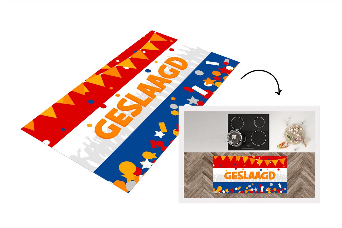 KitchenYeah Keukenloper - Loper keuken - Geslaagd - Feest - Oranje - 120x60 cm - Keukenloper vinyl Multicolor