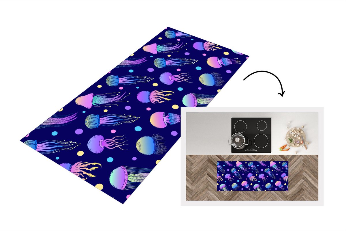 KitchenYeah Keukenloper - Loper keuken - Kwallen - Neon - Patronen - Regenboog - 120x50 cm - Keukenloper vinyl Multicolor