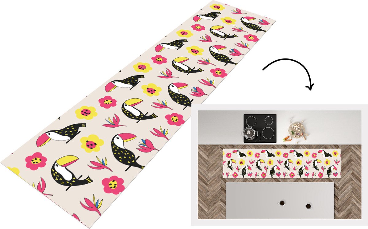 KitchenYeah Keukenloper - Loper keuken - Patronen - Vogel - Bloemen - 240x60 cm - Keukenloper vinyl Multicolor