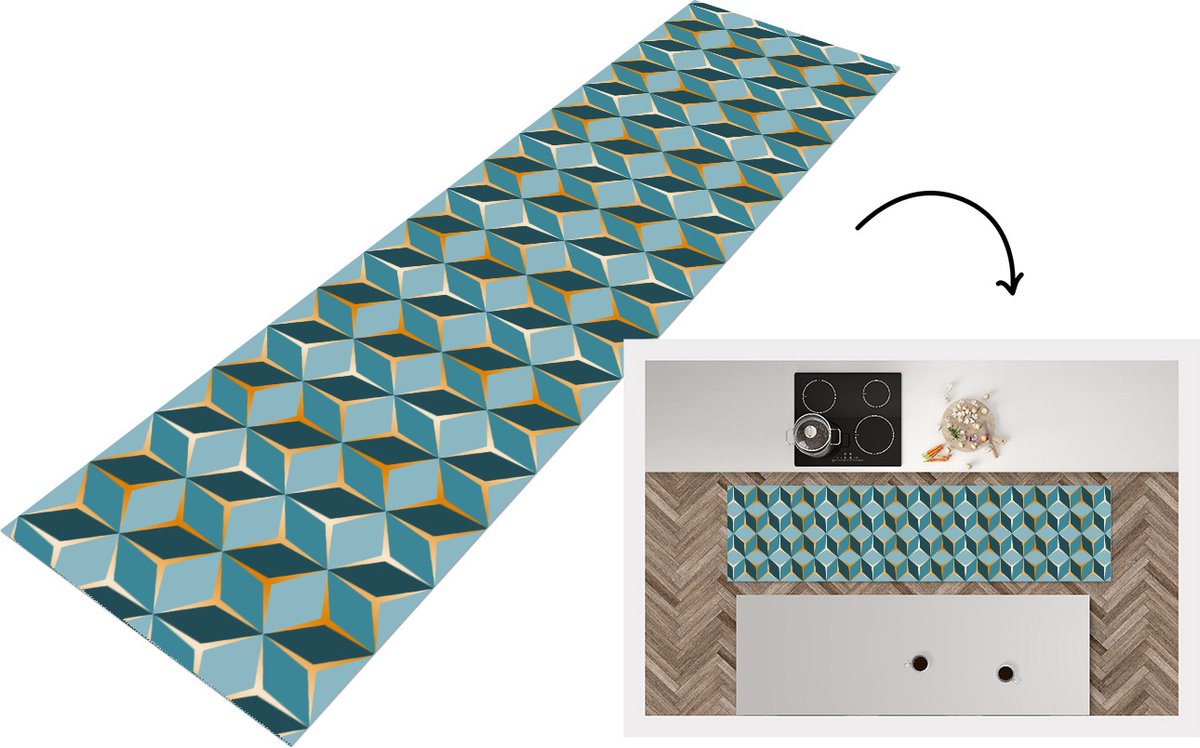 KitchenYeah Keukenloper - Loper keuken - Goud - Blauw - Patroon - Keukenloper vinyl, foto 3