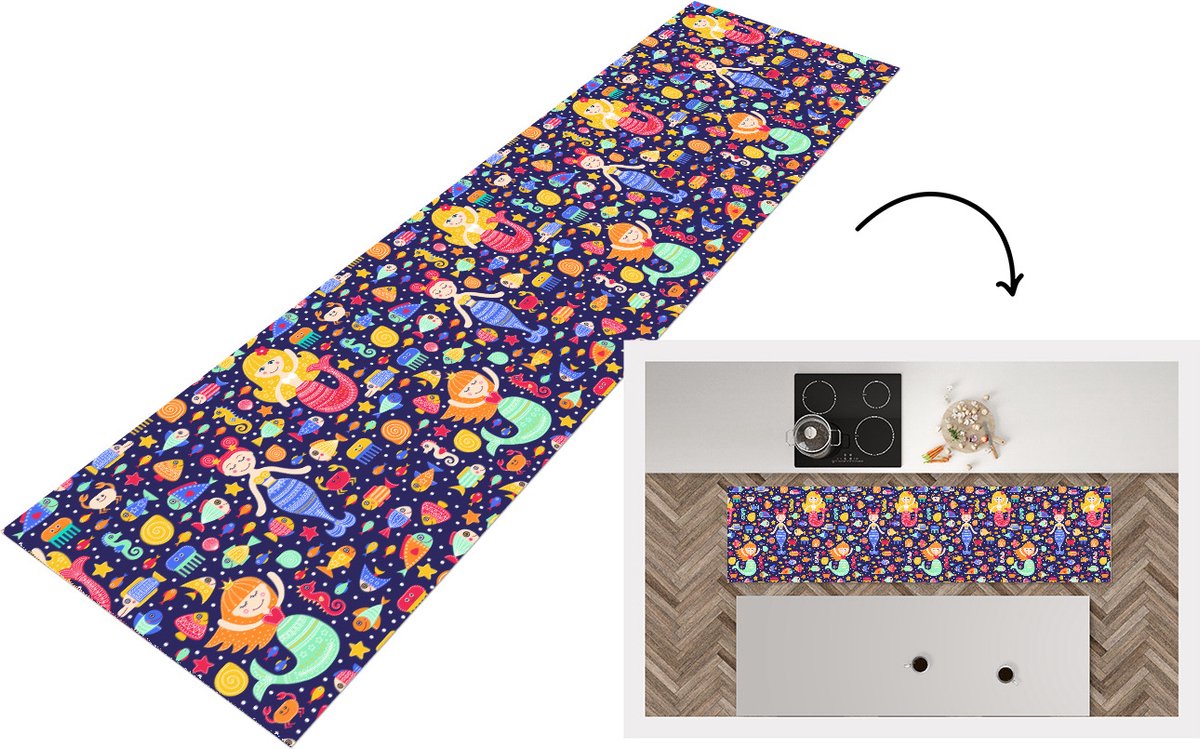 KitchenYeah Keukenloper - Loper keuken - Zeemeermin - Vissen - Patronen - 240x60 cm - Keukenloper vinyl Multicolor