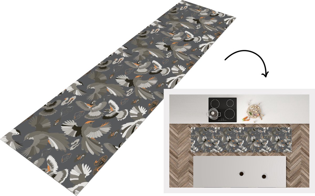 KitchenYeah Keukenloper - Loper keuken - Vogel - Patroon - Wolken - 200x50 cm - Keukenloper vinyl Multicolor
