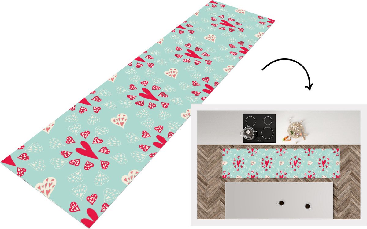 KitchenYeah Keukenloper - Loper keuken - Hartjes - Patronen - Pastel - 240x60 cm - Keukenloper vinyl Multicolor