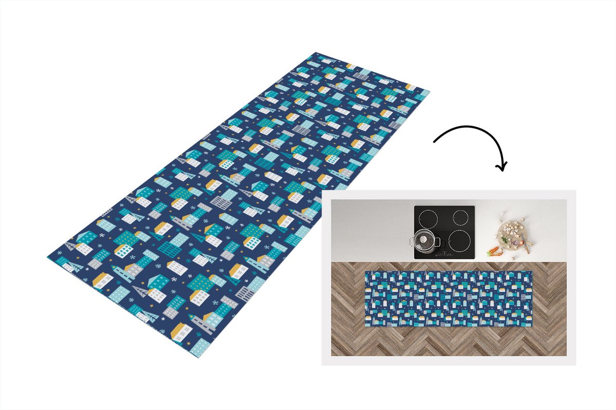 KitchenYeah Keukenloper - Loper keuken - Winter - Stad - Nacht - Patroon - 180x60 cm - Keukenloper vinyl Multicolor