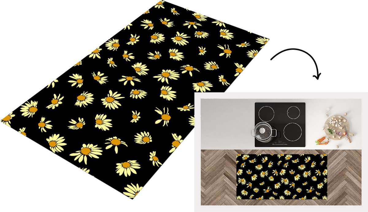KitchenYeah Keukenloper - Loper keuken - Madelief - Zwart - Patroon - 120x60 cm - Keukenloper vinyl Multicolor