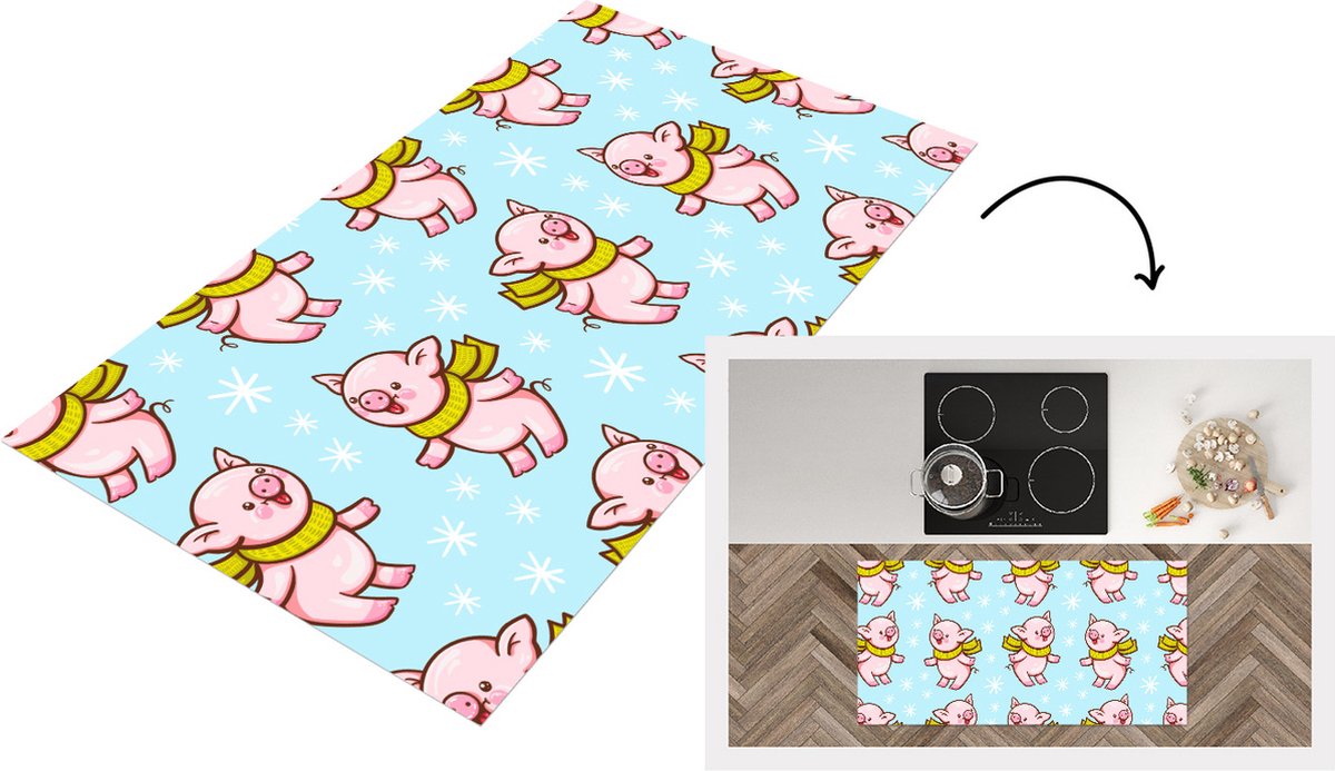 KitchenYeah Keukenloper - Loper keuken - Varken - Sjaal - Kinderen - Kerst - Patronen - 120x60 cm - Keukenloper vinyl Multicolor