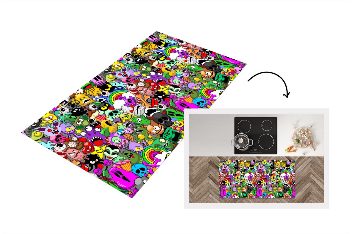 KitchenYeah Keukenloper - Loper keuken - Tieners - Monster - Doodle - Patronen - 120x60 cm - Keukenloper vinyl Multicolor