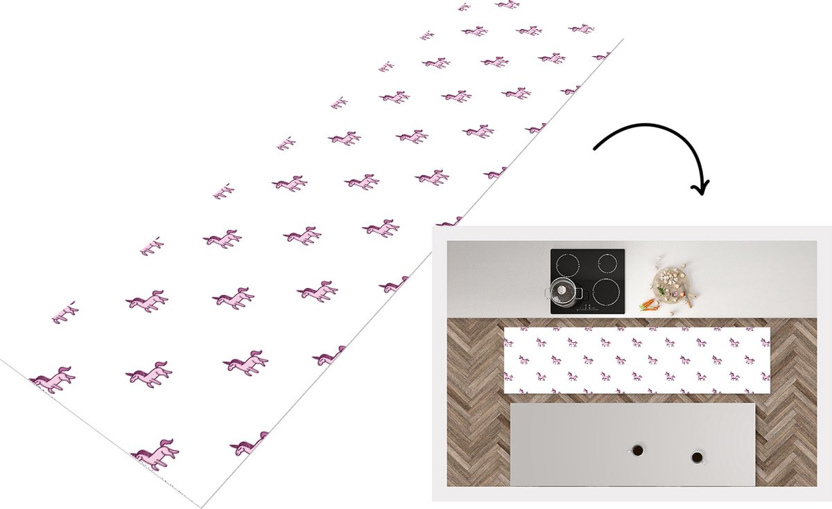 KitchenYeah Keukenloper - Loper keuken - Meisje - Unicorn - Roze - Patronen - 200x50 cm - Keukenloper vinyl Multicolor
