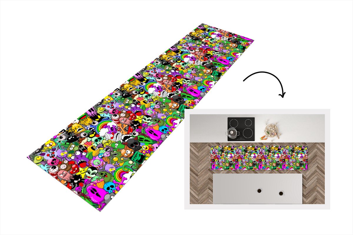 KitchenYeah Keukenloper - Loper keuken - Tieners - Monster - Doodle - Patronen - 240x60 cm - Keukenloper vinyl Multicolor
