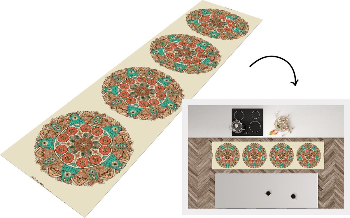 KitchenYeah Keukenloper - Loper keuken - Mandala - Patronen - Pauw - 240x60 cm - Keukenloper vinyl Multicolor