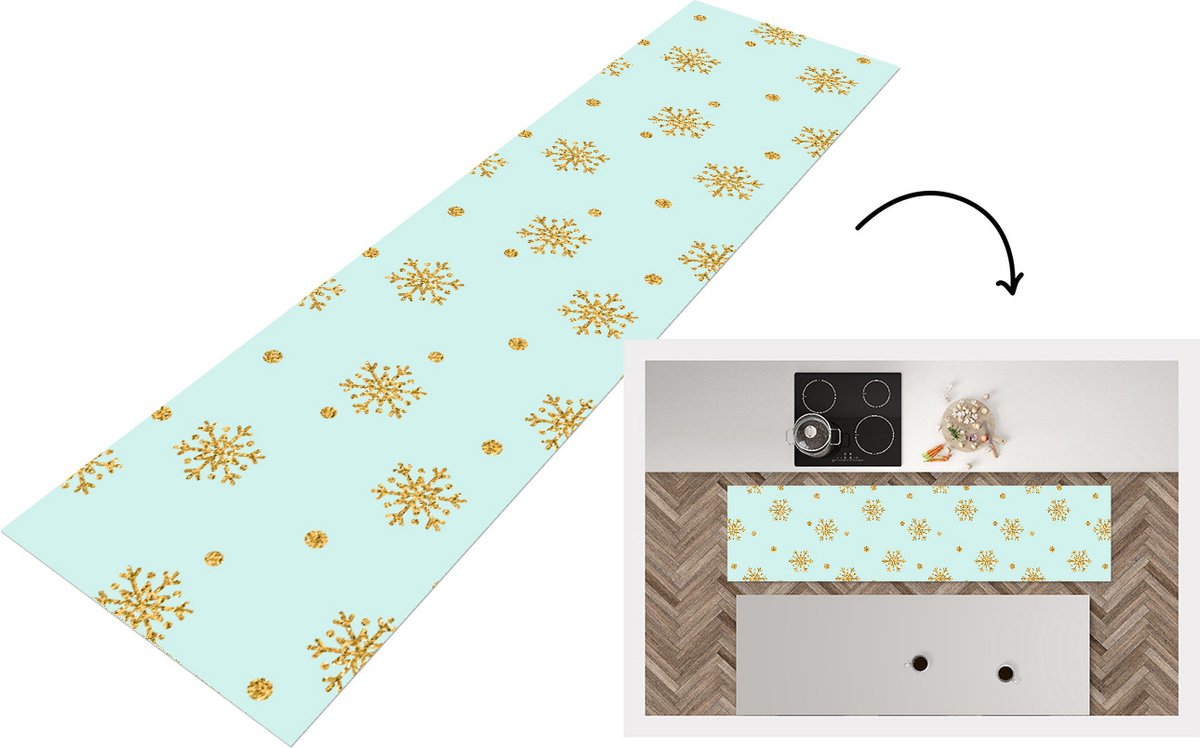 KitchenYeah Keukenloper - Loper keuken - Kerst - Patroon - Sneeuw - Goud - 240x60 cm - Keukenloper vinyl Multicolor