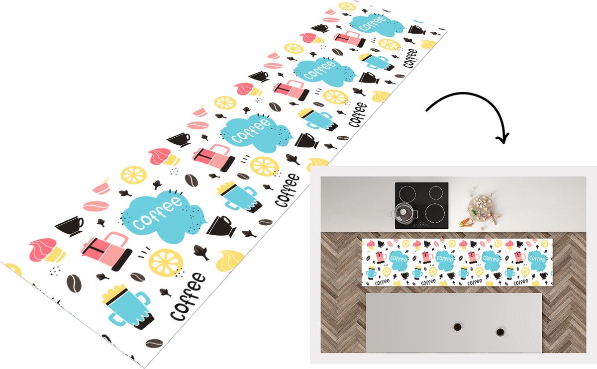KitchenYeah Keukenloper - Loper keuken - Patronen - Koffiebonen - Koffie - IJs - 200x50 cm - Keukenloper vinyl Multicolor