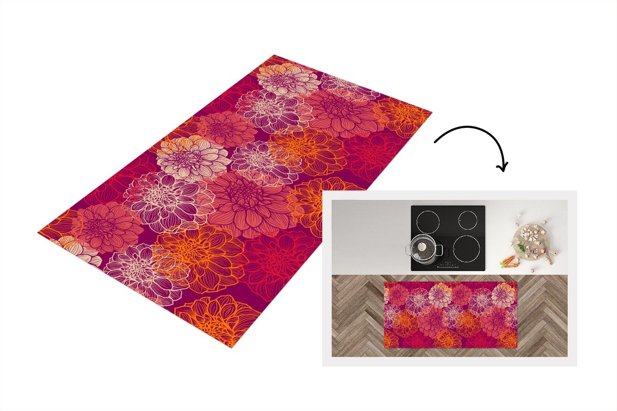 KitchenYeah Keukenloper - Loper keuken - Bloemen - Regenboog - Dahlia - Patronen - 120x60 cm - Keukenloper vinyl Multicolor