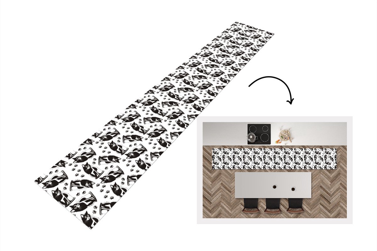 KitchenYeah Keukenloper - Loper keuken - Patronen - Kat - Zwart - Wit - 300x50 cm - Keukenloper vinyl Multicolor