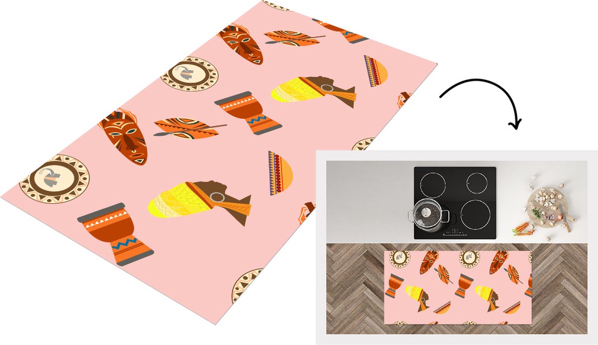 KitchenYeah Keukenloper - Loper keuken - Afrika - Djembé - Patronen - Afrikaanse maskers - 120x60 cm - Keukenloper vinyl Multicolor
