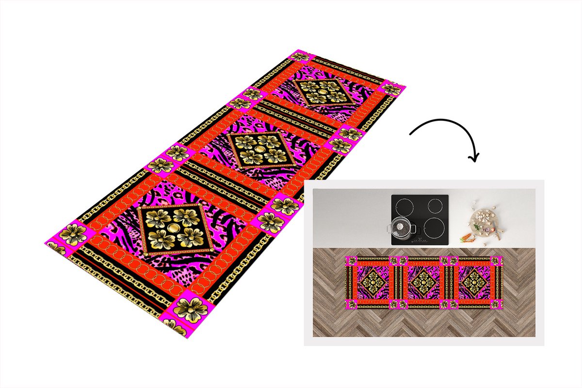 KitchenYeah Keukenloper - Loper keuken - Bloemen - Ketting - Panterprint - Goud - Patroon - 150x50 cm - Keukenloper vinyl Multicolor