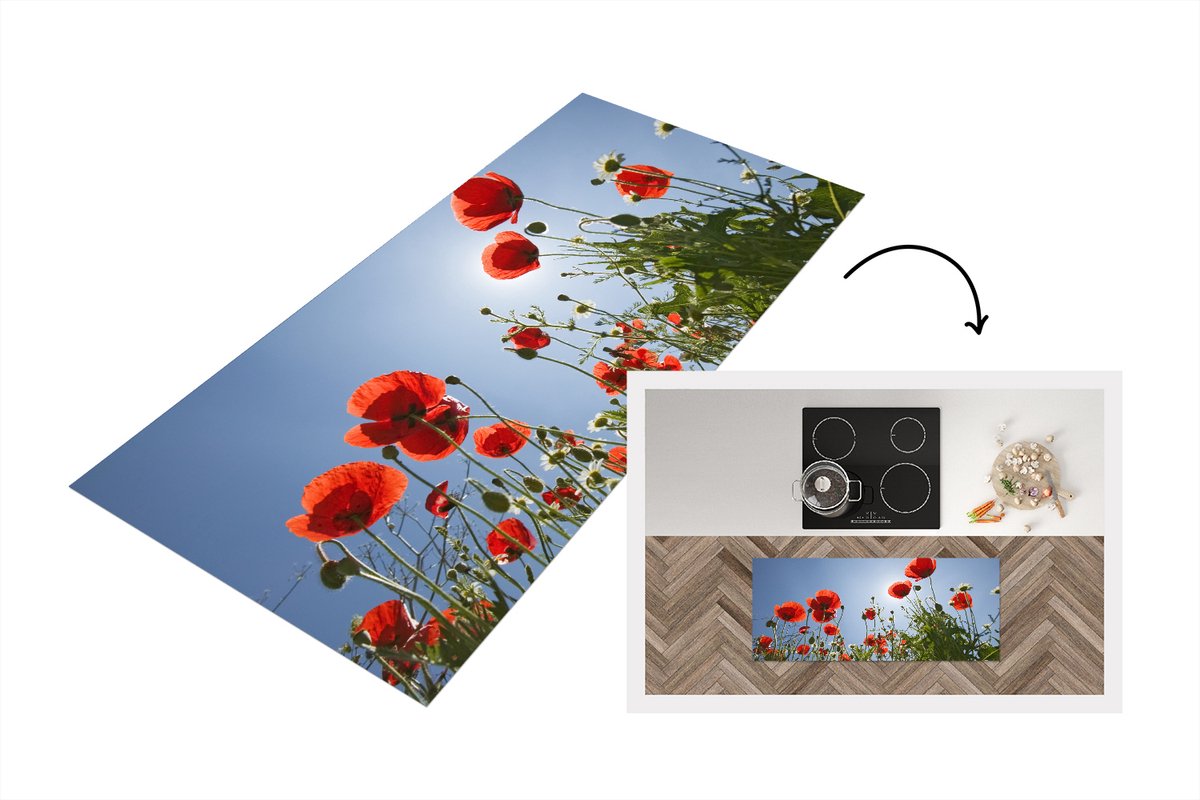 KitchenYeah Keukenloper - Loper keuken - Felle zon boven een aantal klaprozen in Spanje - 120x50 cm - Keukenloper vinyl Multicolor