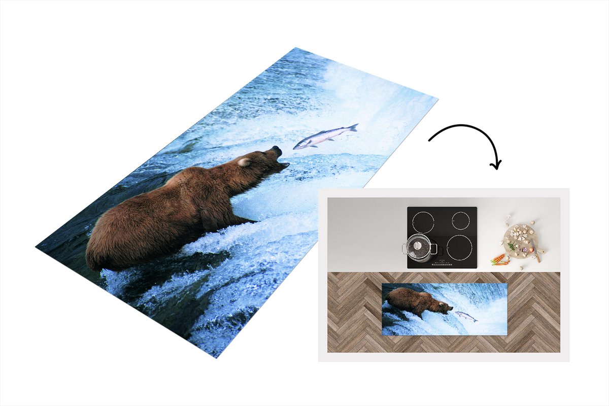 KitchenYeah Keukenloper - Loper keuken - Beer - Vis - Waterval - 120x50 cm - Keukenloper vinyl Multicolor