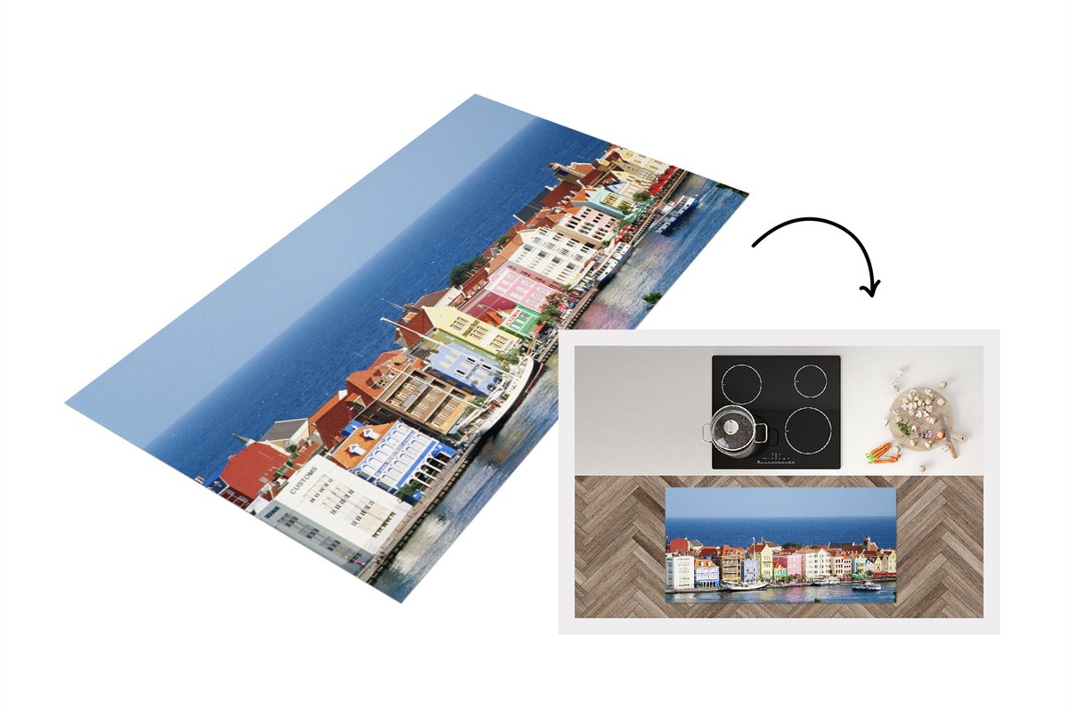 KitchenYeah Keukenloper - Loper keuken - Uitzicht op de huizen van Willemstad in Curaçao - 120x60 cm - Keukenloper vinyl Multicolor