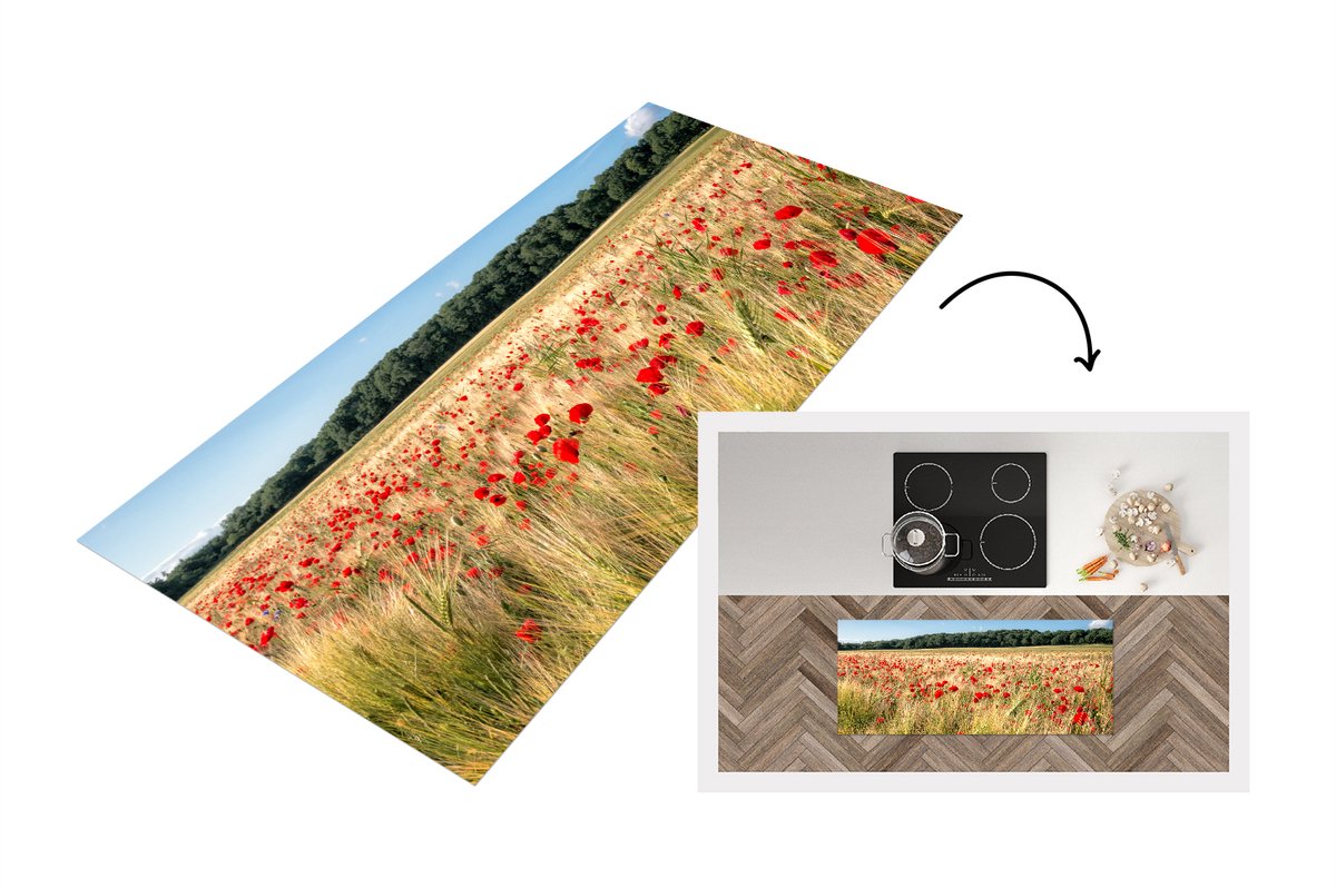 KitchenYeah Keukenloper - Loper keuken - Wilde Klaprozen in een groot veld - 120x50 cm - Keukenloper vinyl Multicolor