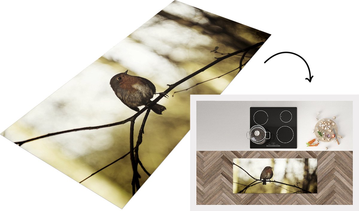 KitchenYeah Keukenloper - Loper keuken - Natuur - Roodborstje - Tak - 120x50 cm - Keukenloper vinyl Multicolor