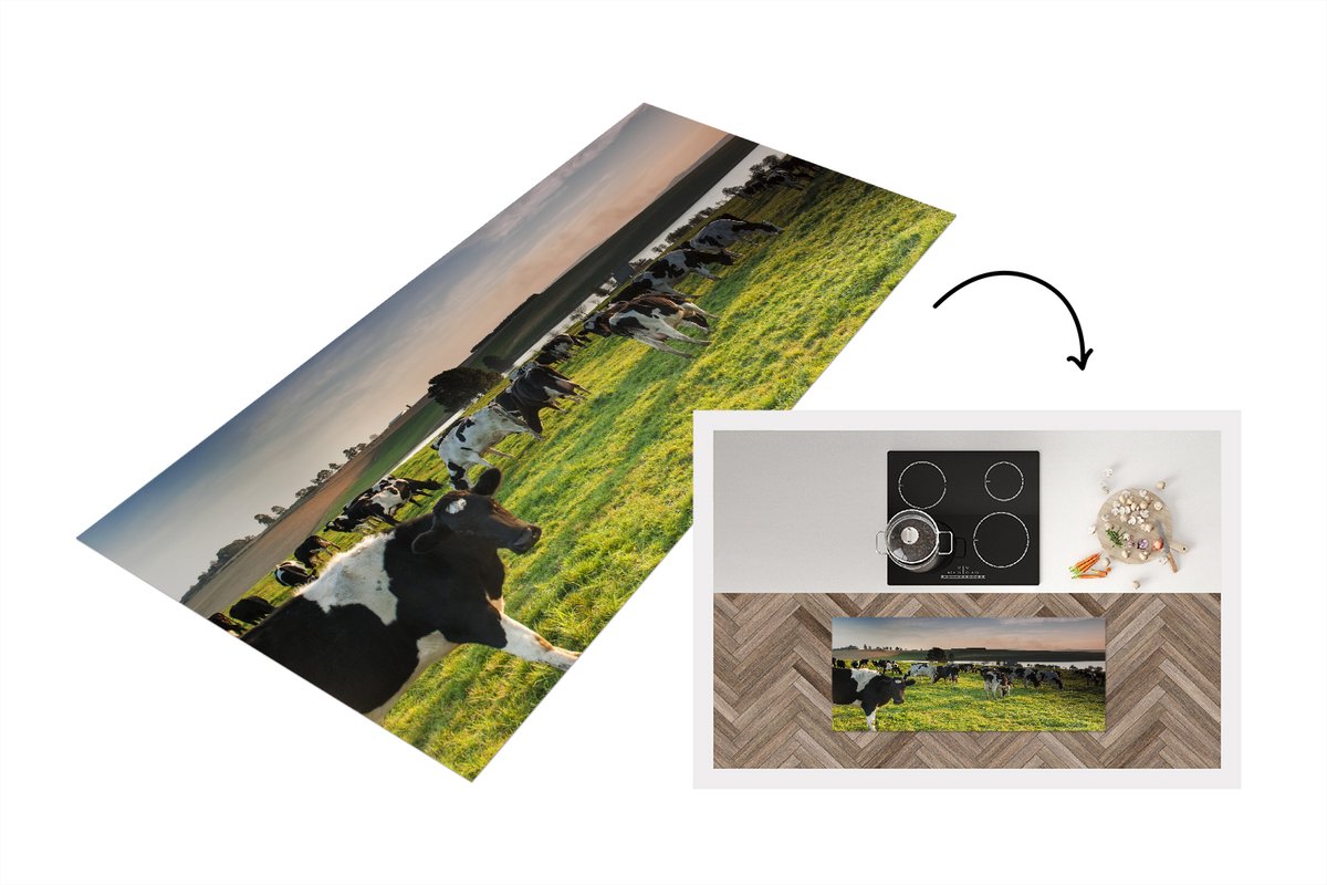 KitchenYeah Keukenloper - Loper keuken - Koeien - Gras - Zonsondergang - 120x50 cm - Keukenloper vinyl Multicolor