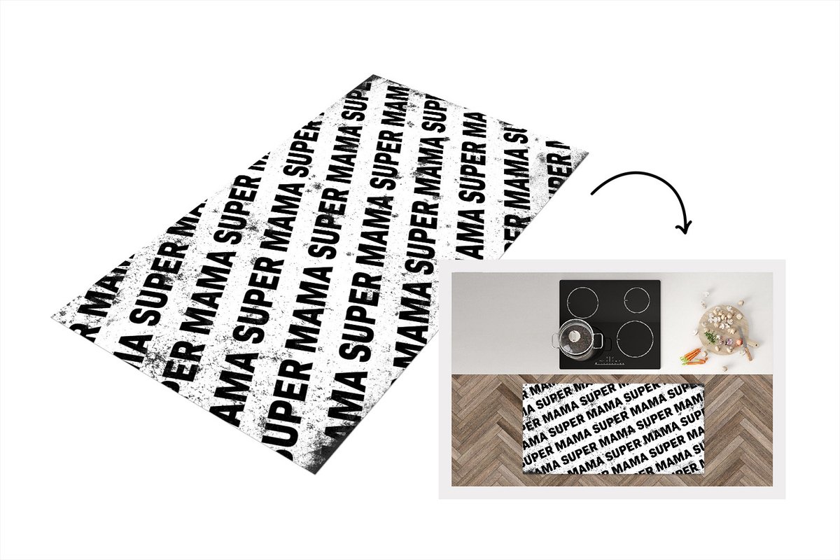 KitchenYeah Keukenloper - Loper keuken - Super mama - Moederdag cadeautje - Moederdag - Vintage - zwart wit - 120x60 cm - Keukenloper vinyl Zwart; Wit