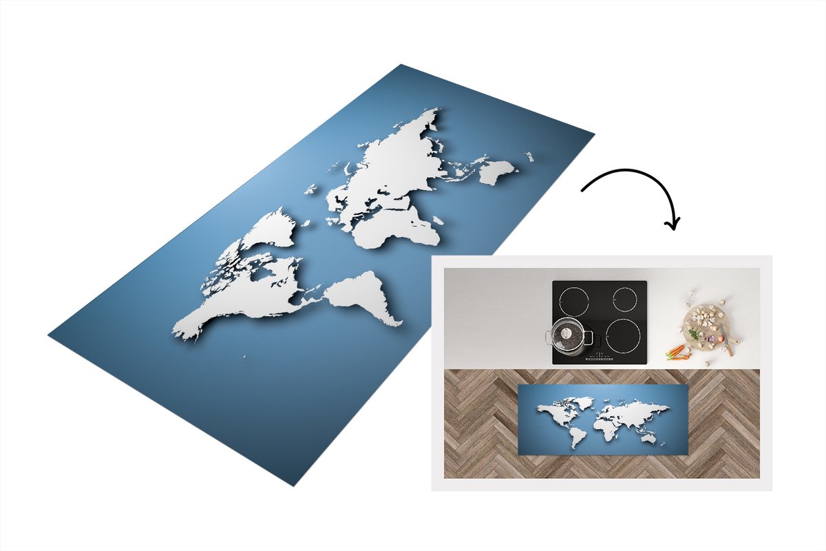 KitchenYeah Keukenloper - Loper keuken - Wereldkaart - Blauw - Wit - Simpel - Keukenloper vinyl Multicolor