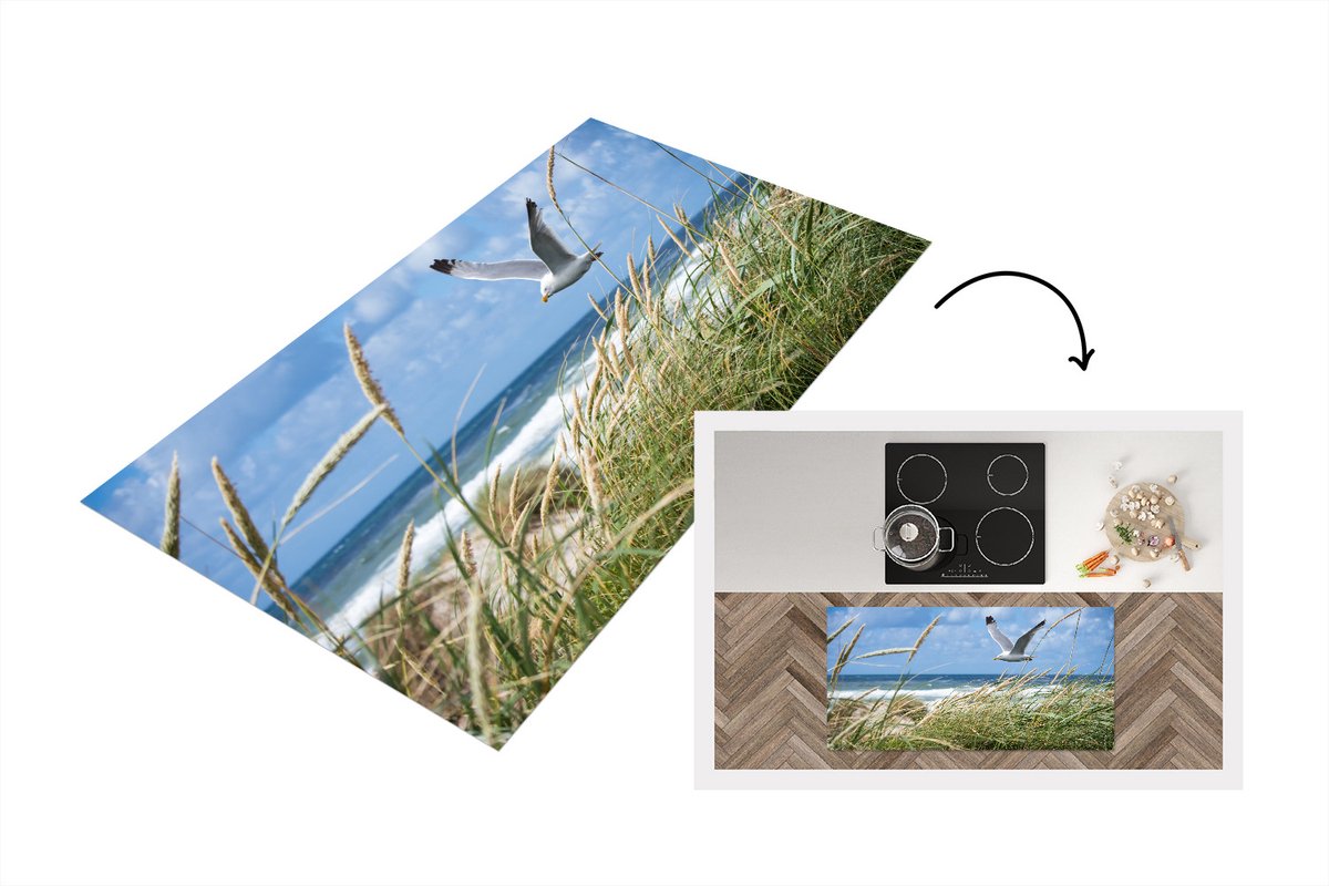 KitchenYeah Keukenloper - Loper keuken - Strand - Riet - Vogel - 120x60 cm - Keukenloper vinyl Multicolor