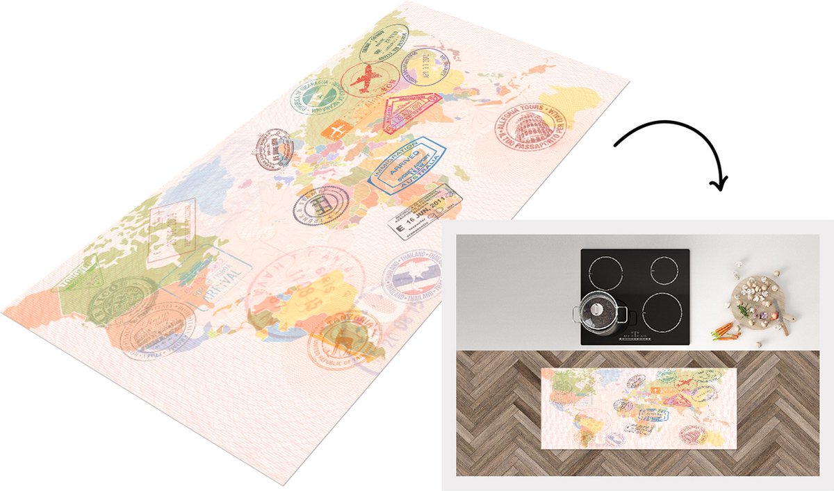 KitchenYeah Keukenloper - Loper keuken - Wereldkaart - Stempels - Kleuren - 120x50 cm - Keukenloper vinyl Multicolor