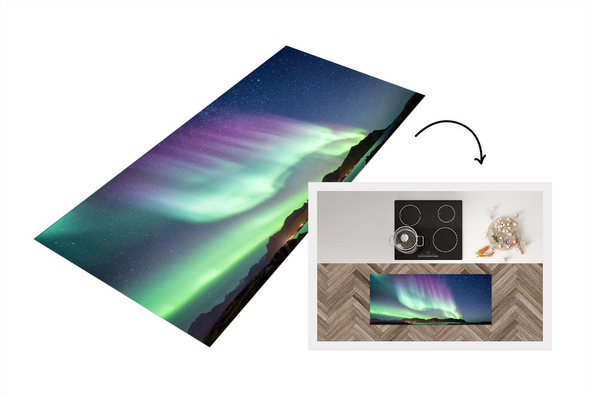 KitchenYeah Keukenloper - Loper keuken - Noorderlicht - Groen - Paars - Sterrenhemel - 120x50 cm - Keukenloper vinyl Multicolor