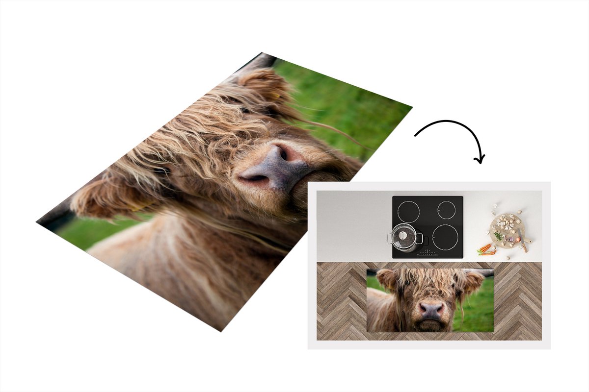 KitchenYeah Keukenloper - Loper keuken - Schotse Hooglander - Gras - Bos - 120x60 cm - Keukenloper vinyl Multicolor