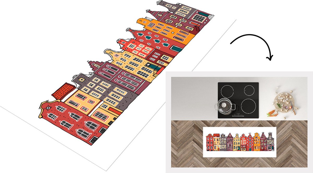 KitchenYeah Keukenloper - Loper keuken - Illustratie - Amsterdam - Huis - 120x50 cm - Keukenloper vinyl Multicolor