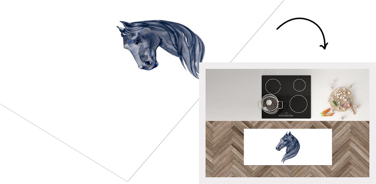 KitchenYeah Keukenloper - Loper keuken - Paard - Waterverf - Blauw - Keukenloper vinyl Multicolor