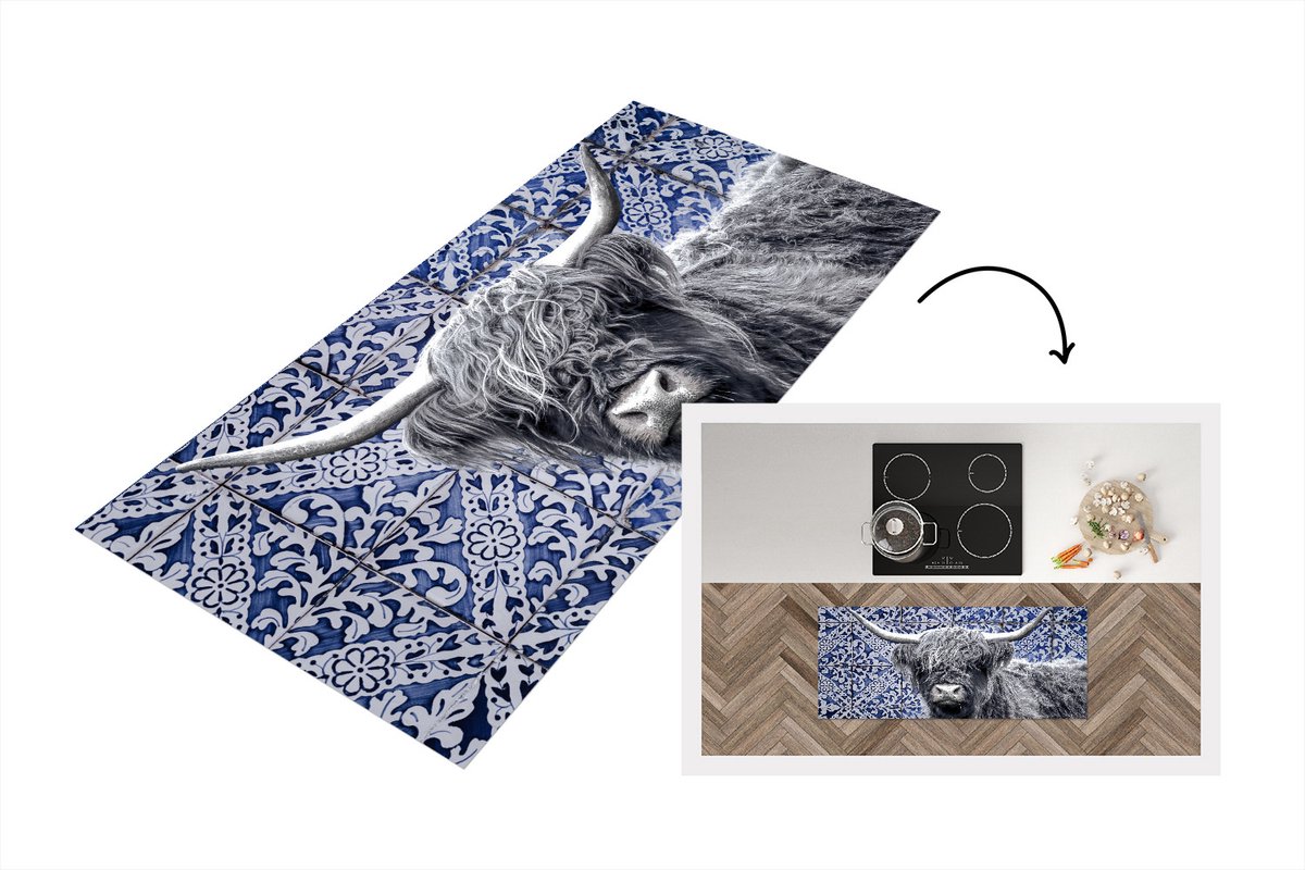 KitchenYeah Keukenloper - Loper keuken - Delfts blauw - Schotse hooglander - Zwart - Wit - 120x50 cm - Keukenloper vinyl Multicolor