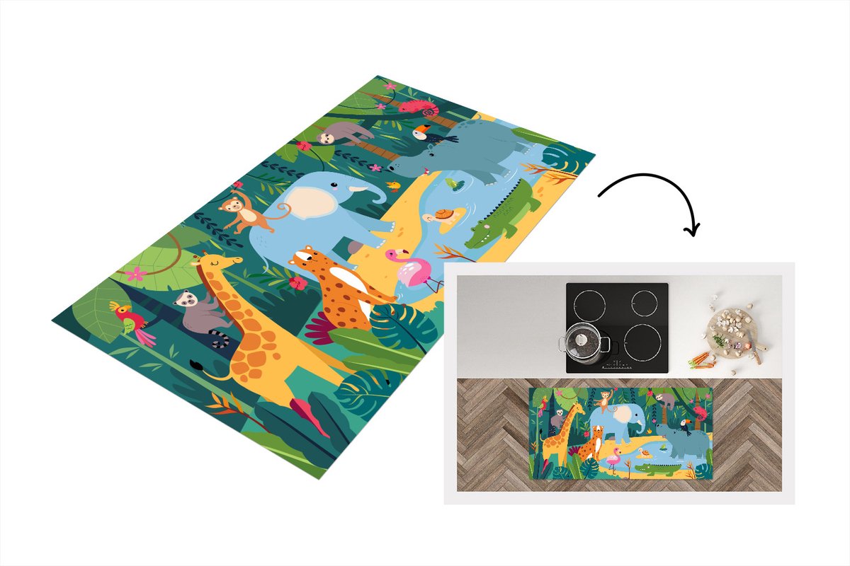 KitchenYeah Keukenloper - Loper keuken - Jungle - Kinderen - Dieren - 120x60 cm - Keukenloper vinyl Multicolor