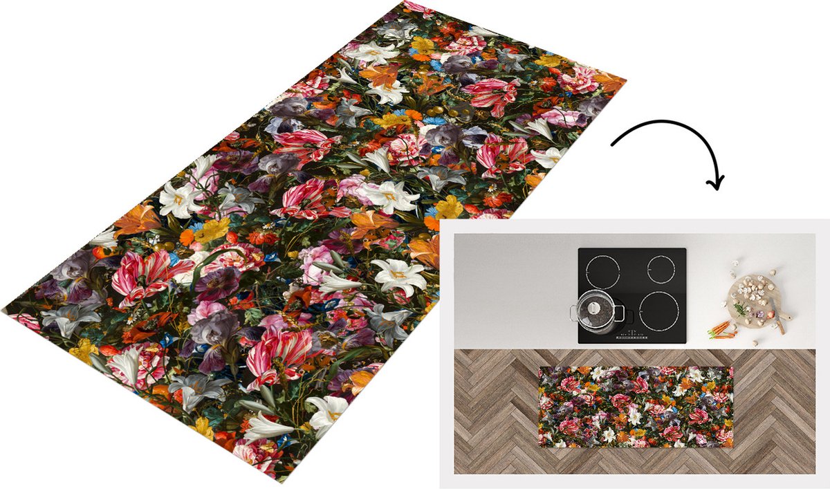 KitchenYeah Keukenloper - Loper keuken - Bloemen - Vlinders - Kunst - 120x50 cm - Keukenloper vinyl Multicolor