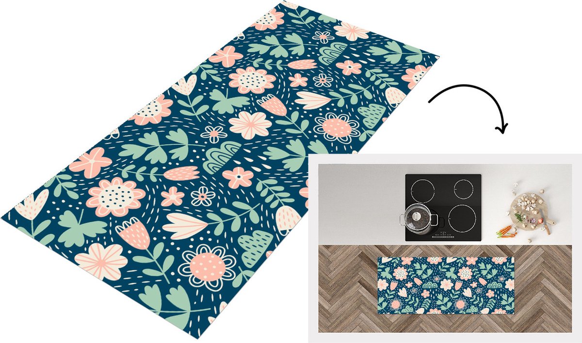 KitchenYeah Keukenloper - Loper keuken - Bloemen - Patroon - Planten - 120x50 cm - Keukenloper vinyl Multicolor