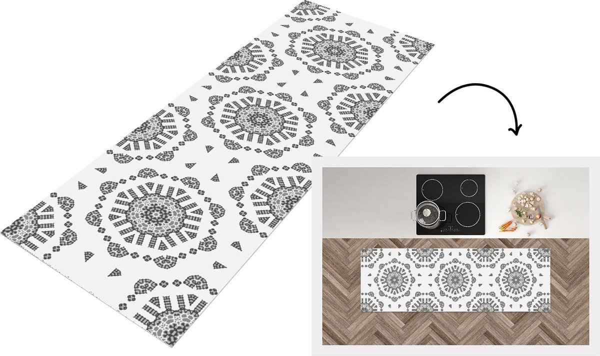 KitchenYeah Keukenloper - Loper keuken - Mandala - Patronen - Zwart Wit - 150x50 cm - Keukenloper vinyl Zwart; Wit