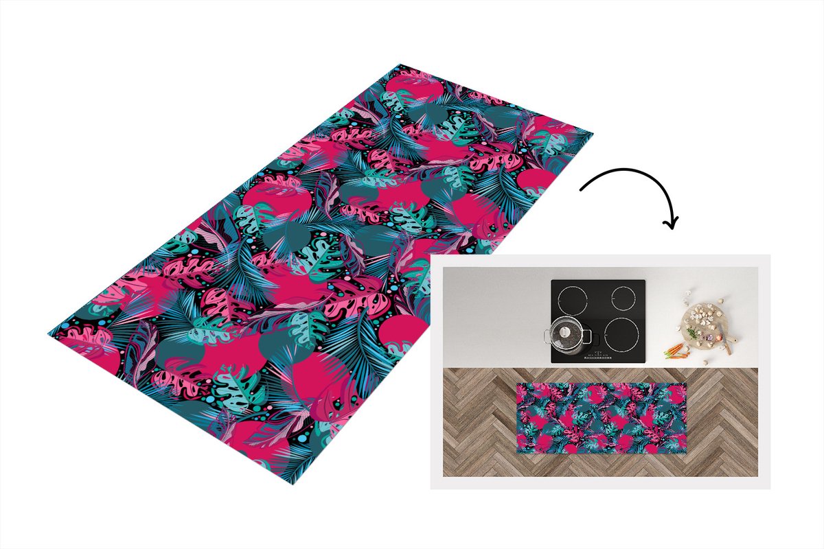 KitchenYeah Keukenloper - Loper keuken - Bladeren - Hawaii - Design - Roze - Blauw - 120x50 cm - Keukenloper vinyl Multicolor
