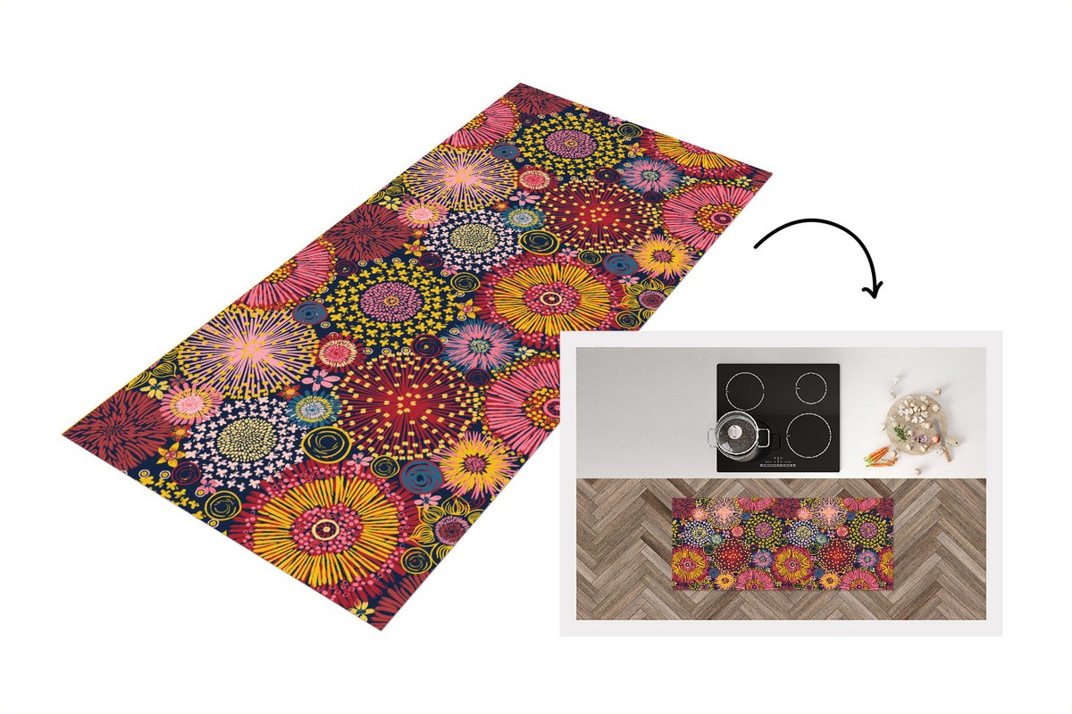 KitchenYeah Keukenloper - Loper keuken - Bloemen - Patroon - Lijn - 120x50 cm - Keukenloper vinyl Multicolor