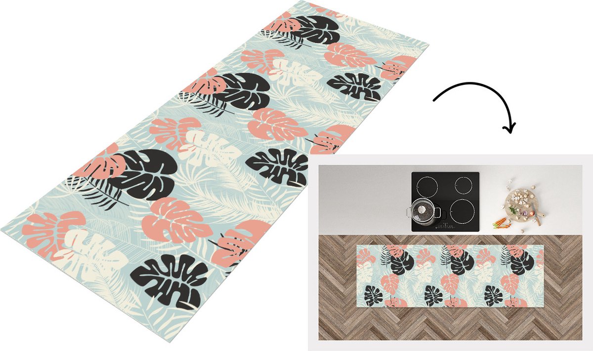 KitchenYeah Keukenloper - Loper keuken - Bladeren - Monstera - Pastel - Hawaii - Patronen - 150x50 cm - Keukenloper vinyl Multicolor