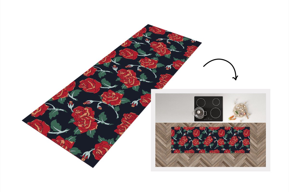 KitchenYeah Keukenloper - Loper keuken - Rozen - Bloem - Patroon - Rood - 180x60 cm - Keukenloper vinyl Multicolor