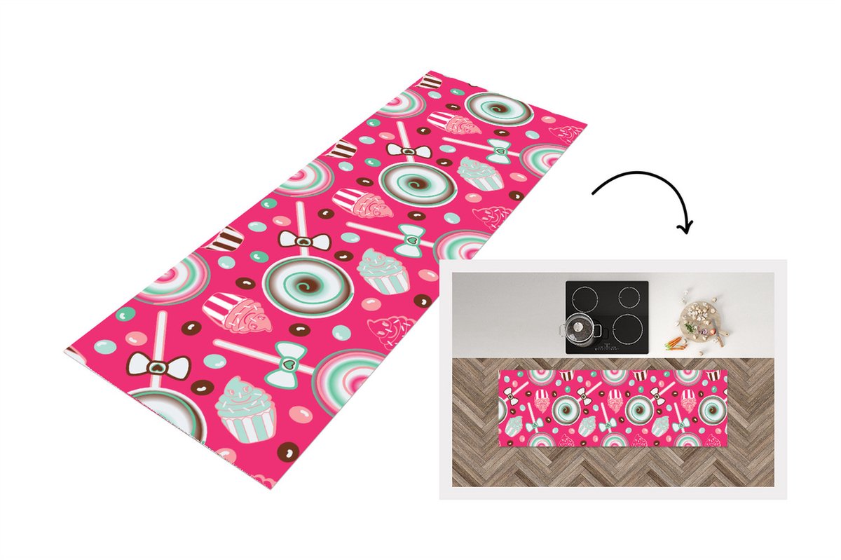 KitchenYeah Keukenloper - Loper keuken - Design - Snoep - Candy - Roze - 180x60 cm - Keukenloper vinyl Multicolor