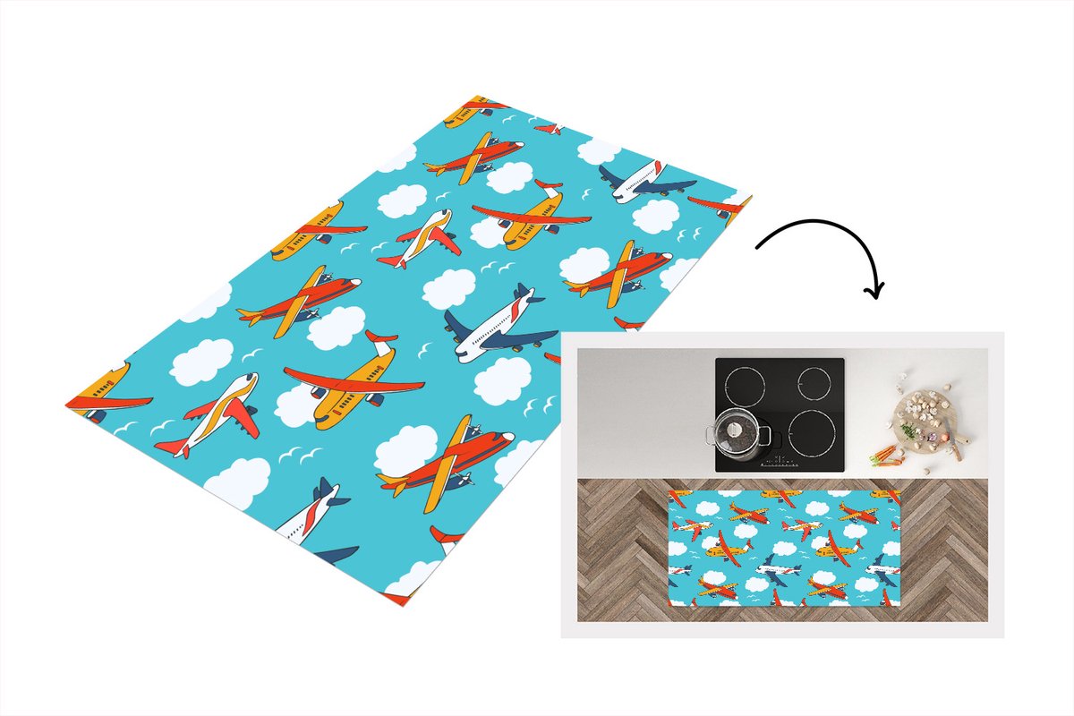 KitchenYeah Keukenloper - Loper keuken - Patronen - Vliegtuig - Wolk - Lucht - 120x60 cm - Keukenloper vinyl Multicolor